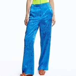 Zara High Rise Jacquard Blue Print Satiny Wide Leg Pants Medium